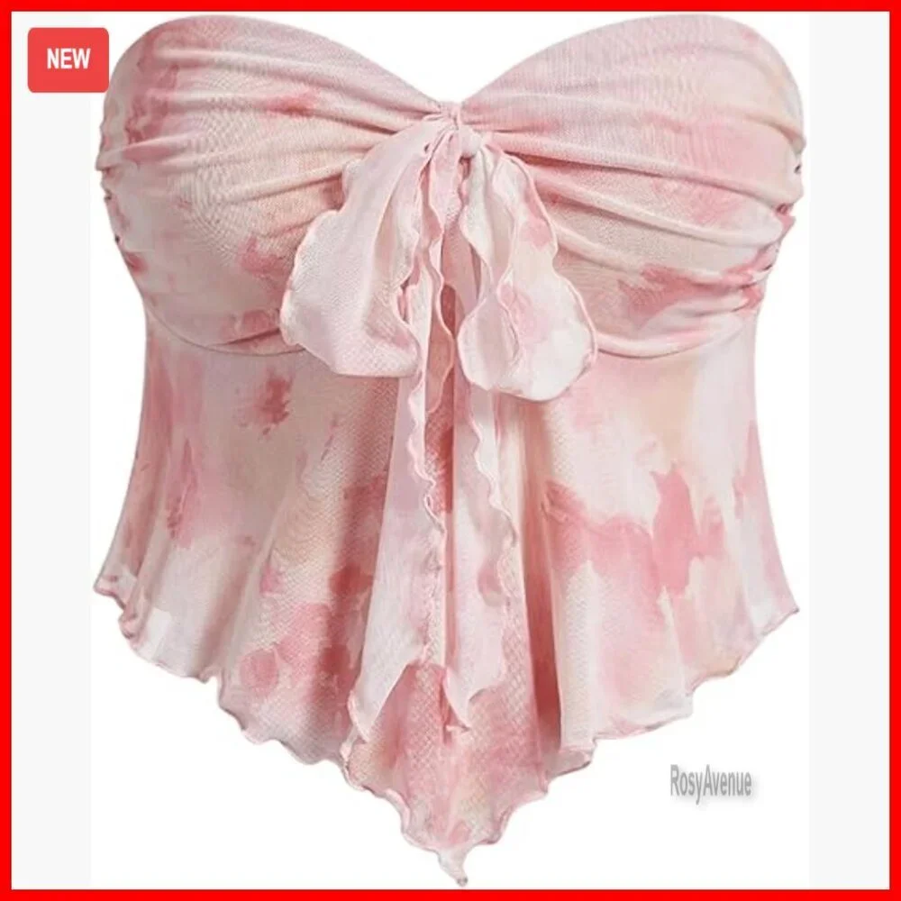 Floral Flowy Babydoll Tube Top Strapless Mesh Ruffle Bow Tie Front
